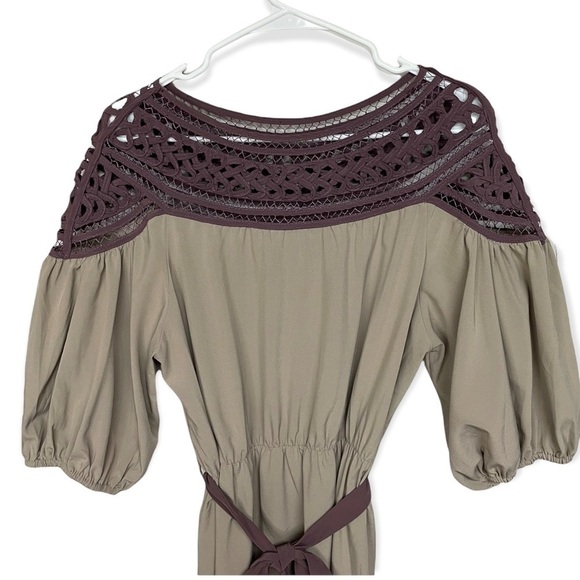 ESLEY Open Lace Yoke, Waist Tie, Boho Mini Dress, Plum, Grey, Large - Picture 6 of 6